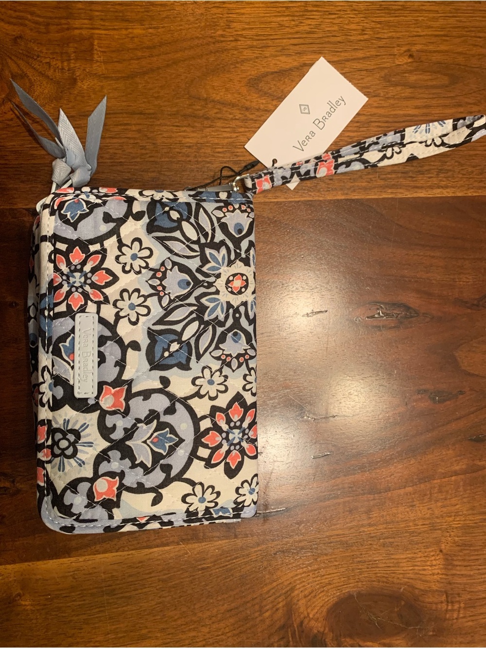 Vera Bradley Quilted Floral RFID Wristlet in Blue, Black & Coral